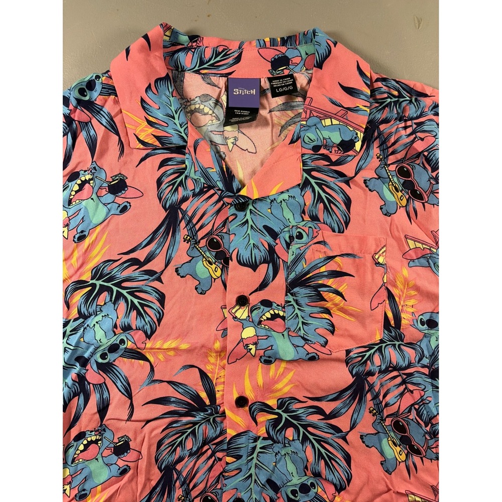 Disney Stitch Button Down Shirt Mens Large Pink Tropical Hawaiian Short Sleeve